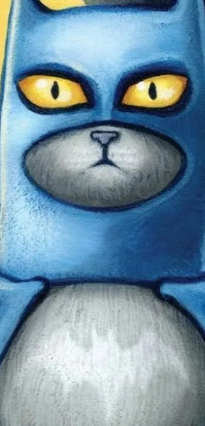 Whimsical blue feline superhero with yellow eyes on a mobile wallpaper.