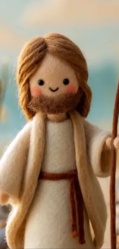 Cute felt figure standing amidst nature in serene wallpaper.