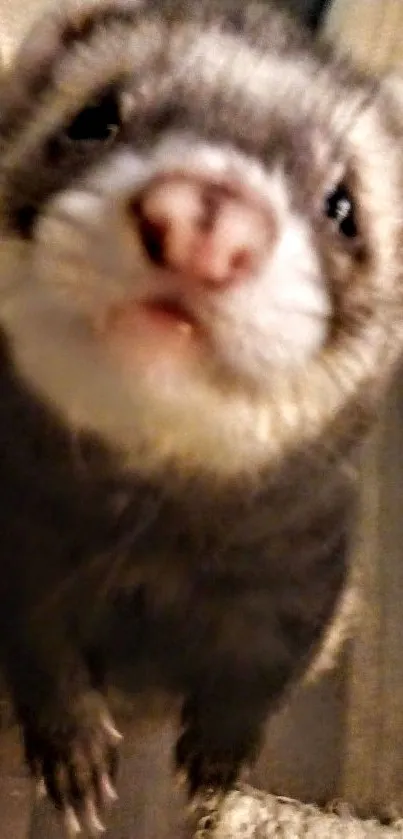 Cute close-up of a ferret looking up curiously.