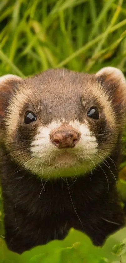 A cute ferret in lush green grass, perfect for wildlife enthusiasts.