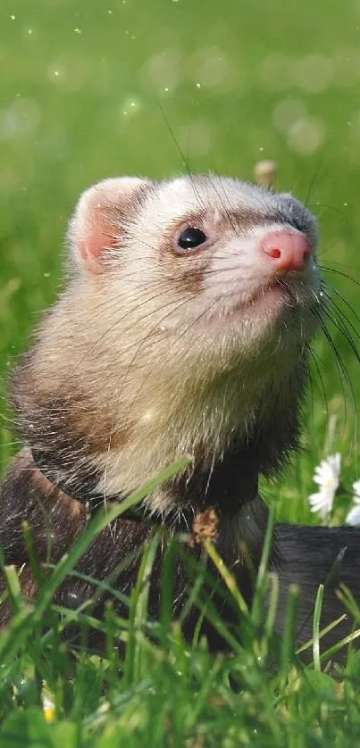 Cute ferret in a green field with scattered daisies.