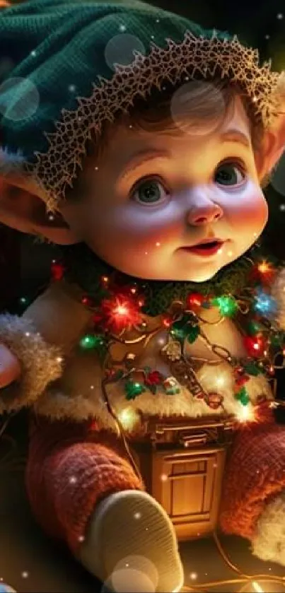 Cute baby elf with holiday lights.