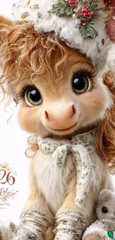 Adorable cartoon character with festive winter theme, wearing a holiday hat.