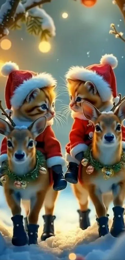 Kittens in Santa outfits riding reindeer in snowy landscape.