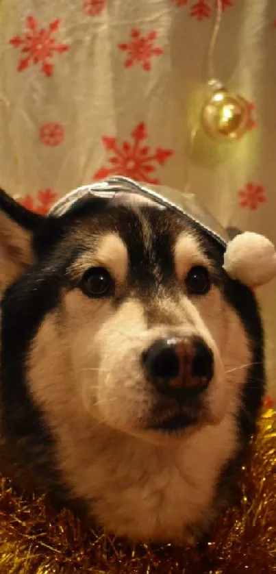 Festive husky dog in tinsel and winter decor.