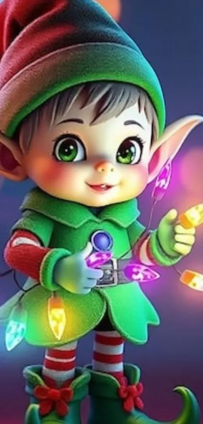 Cute animated elf holding colorful lights.
