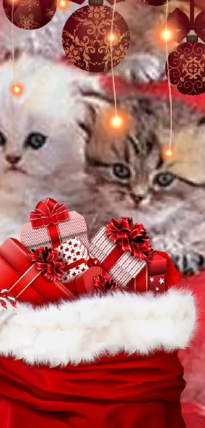 Cute kittens with Christmas gifts and vibrant festive ornaments.