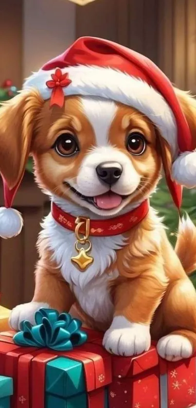 Cute puppy in Santa hat with gifts, holiday theme.