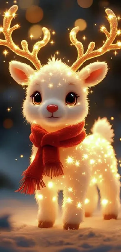 A cute glowing reindeer wearing a red scarf with sparkling lights.