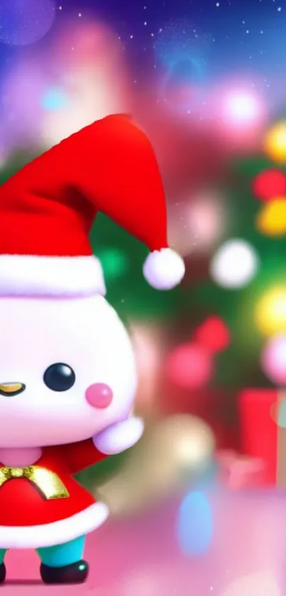 Cute snowman in red hat with Christmas tree.