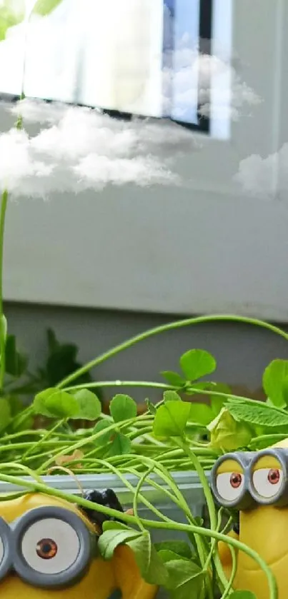 Toy figurines by a window with plants, creating cozy decor.