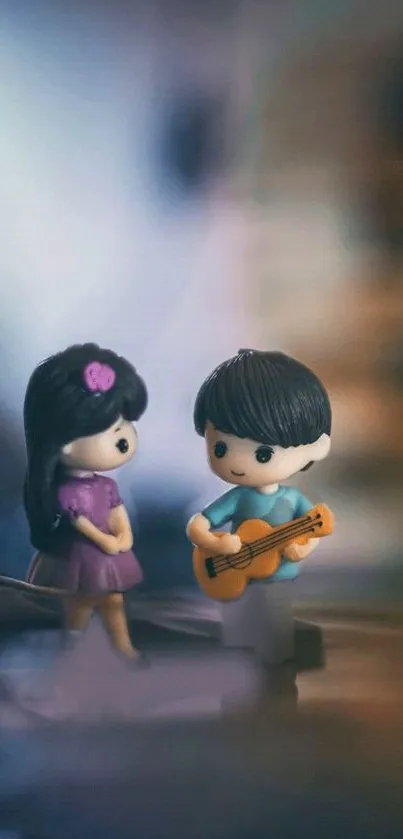 Adorable figurines on a pastel background with a guitar serenade theme.