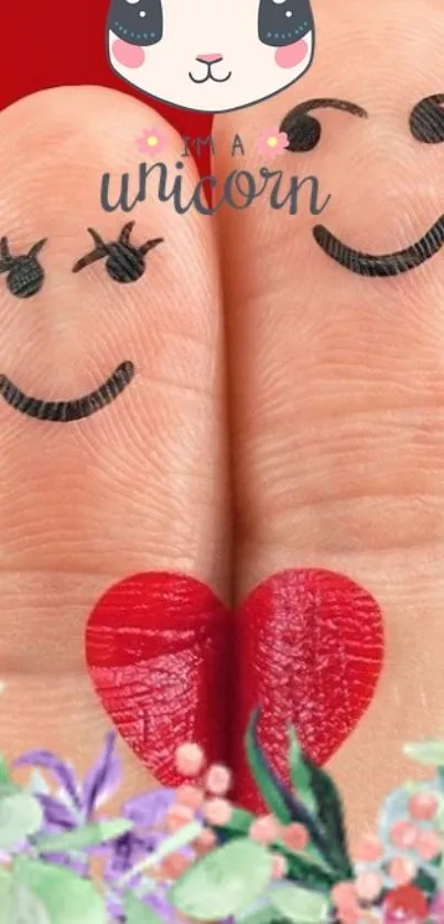 Cute finger art with happy faces and unicorn theme.