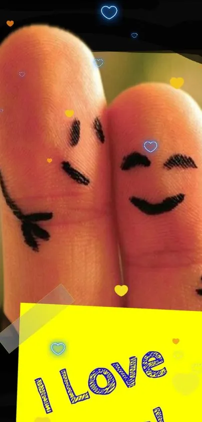 Cute finger couple with doodle faces and hearts on mobile wallpaper.