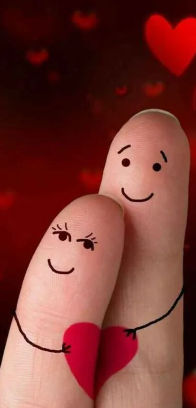 Cute finger couple wallpaper with heart accents and a vibrant red background.