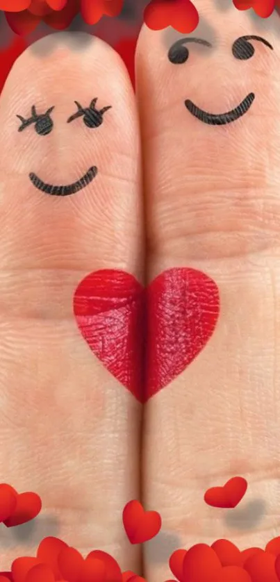 Cute finger art with red heart on a bright red background.