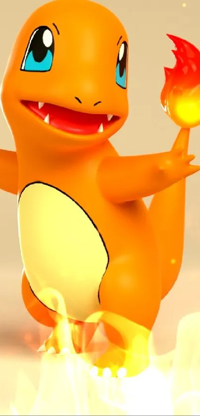 Orange creature with a fiery tail on a mobile wallpaper.