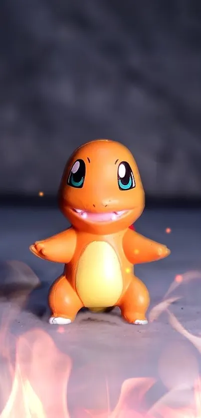 Cute orange fire lizard with flames background wallpaper.