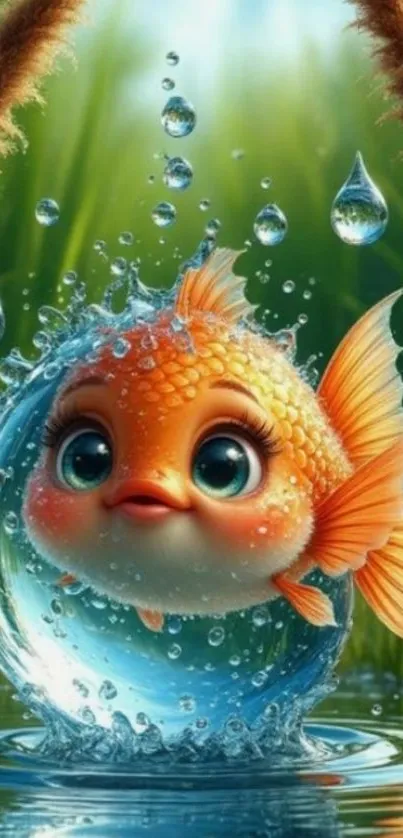 Cartoon fish jumping through water splash in nature setting.