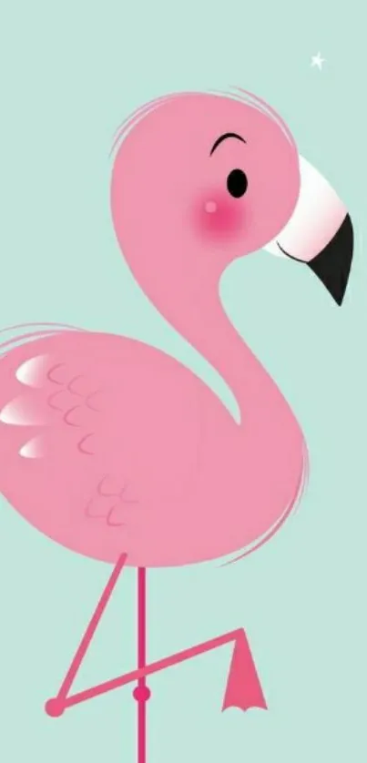 Cute illustration of a pink flamingo on mint green.