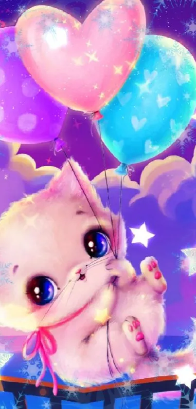 Adorable kitten with balloons in a dreamy purple sky.