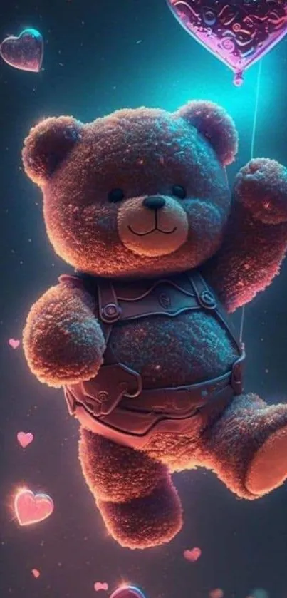 Cute teddy bear floating with hearts in a whimsical digital art scene.