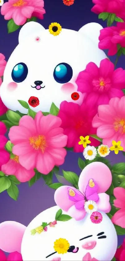 Cute cartoon animals with pink flowers wallpaper.