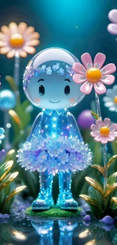 Cute astronaut in floral fantasy garden.