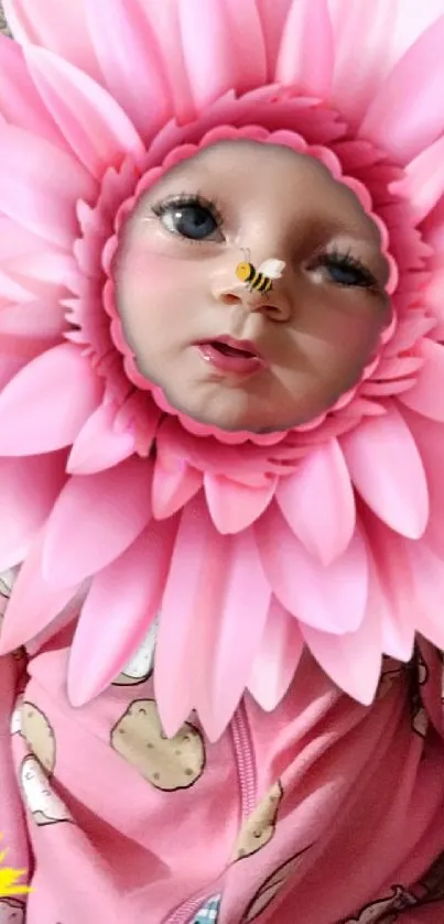 Baby with pink flower headpiece and bee on nose.