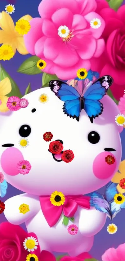 Cute bear with pink flowers and butterflies on a vibrant wallpaper.