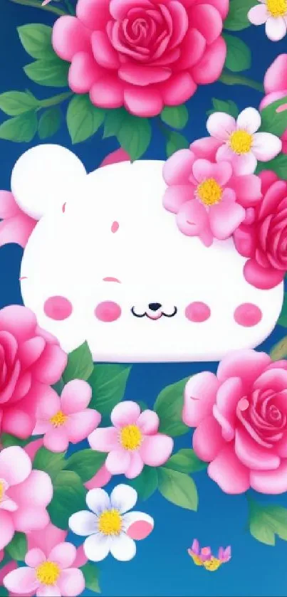 Cute bear with pink flowers on a blue background mobile wallpaper.