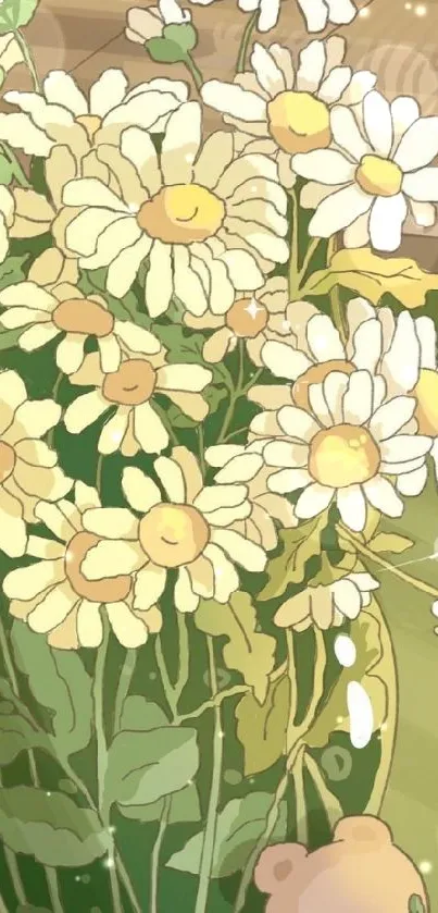 Cute bear with daisies mobile wallpaper illustration.