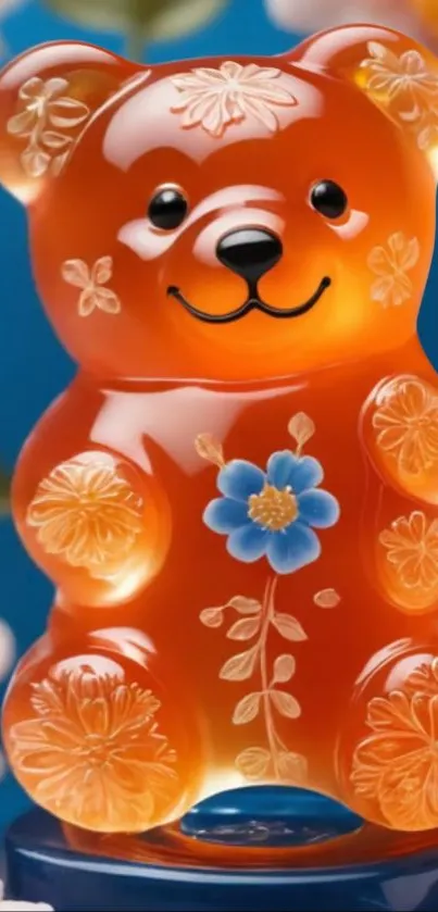Cute floral bear design on a vibrant wallpaper.