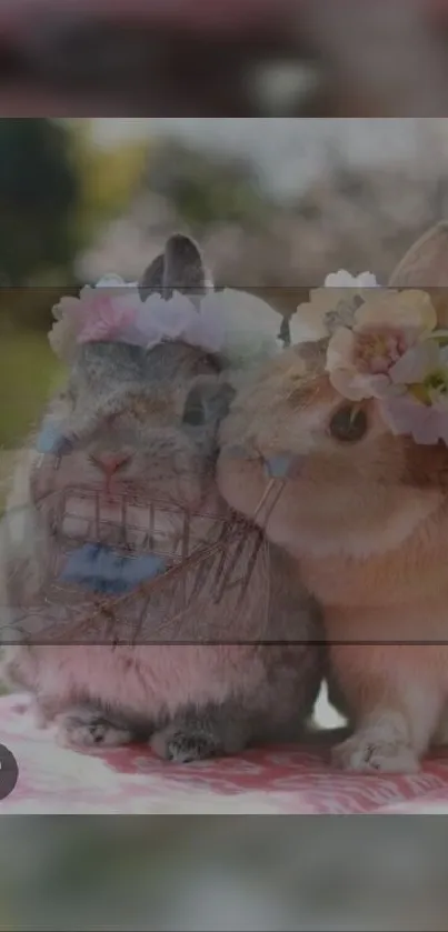 Two cute bunnies wearing flower crowns, perfect for mobile wallpaper.