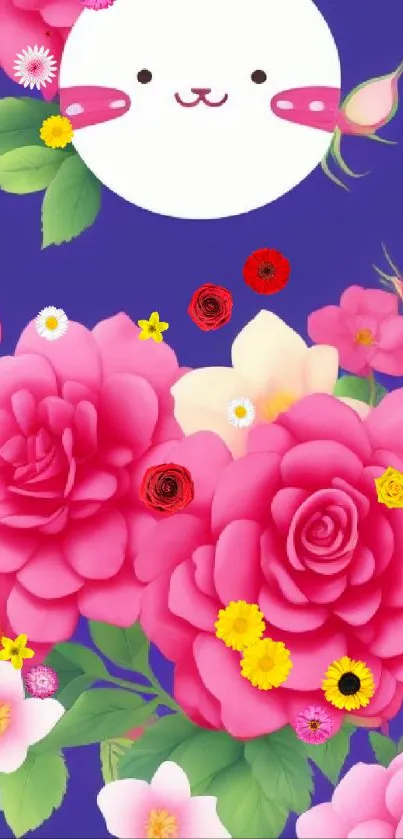 Cute wallpaper with pink roses and a white bunny on a blue background.