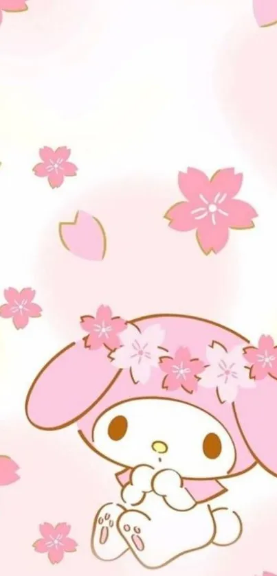 Cute bunny with pink floral theme wallpaper featuring cherry blossoms.