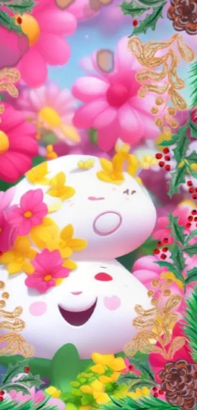 Adorable cartoon characters in a colorful floral background.