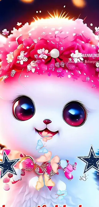 Cute cartoon cat with pink floral crown.