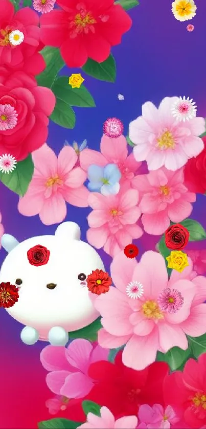 Cute cartoon character with pink and red flowers on mobile wallpaper.