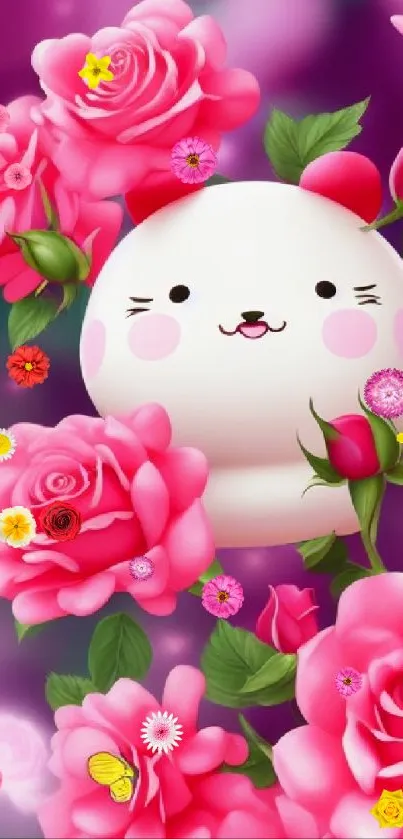 Cartoon character with pink roses and butterflies on a vibrant background.