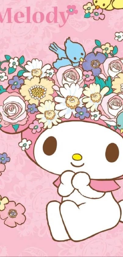 Cute cartoon character with floral headpiece on pink background.