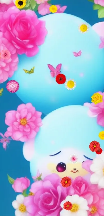 Cute cartoon wallpaper with pink flowers and a blue background.