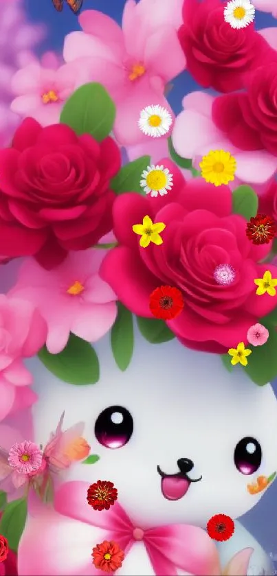 Adorable cartoon with pink flowers and butterflies on mobile wallpaper.