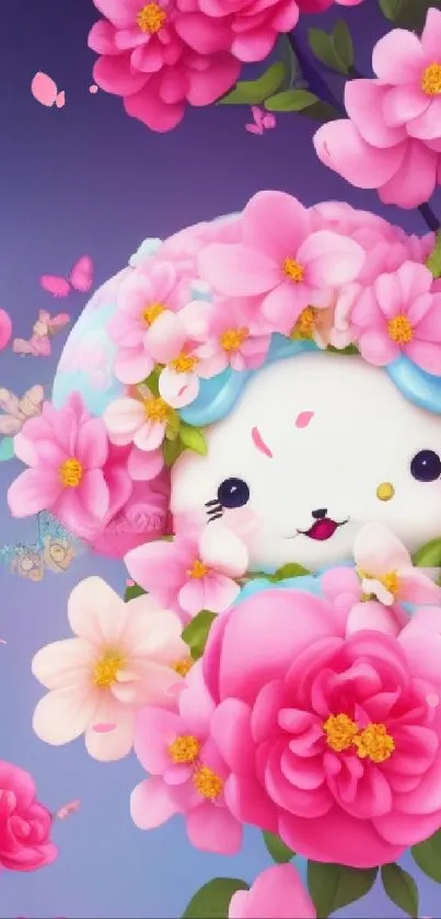 Cute cartoon character in pink flowers.