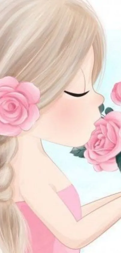 Cute cartoon girl with pink roses wallpaper.