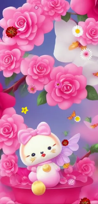 Adorable cat with pink flowers mobile wallpaper.