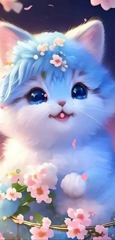 A cute cat with blue fur surrounded by pink flowers.