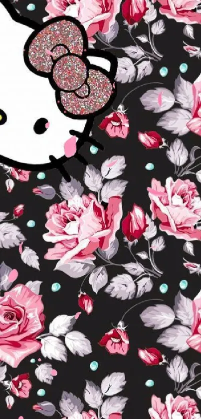 Cute floral cat wallpaper with pink roses on black background.