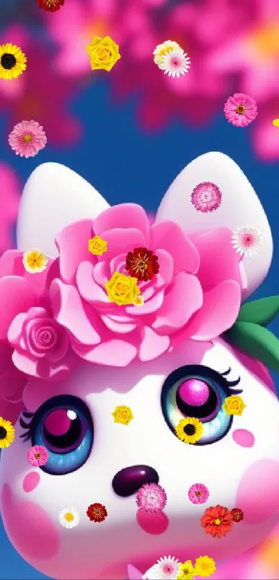 Adorable cartoon cat with pink flowers on blue background.