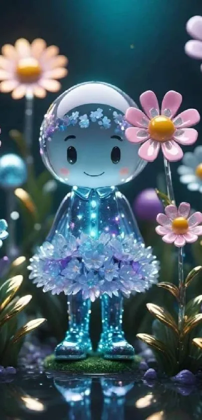 Cute cartoon character amid colorful flowers.